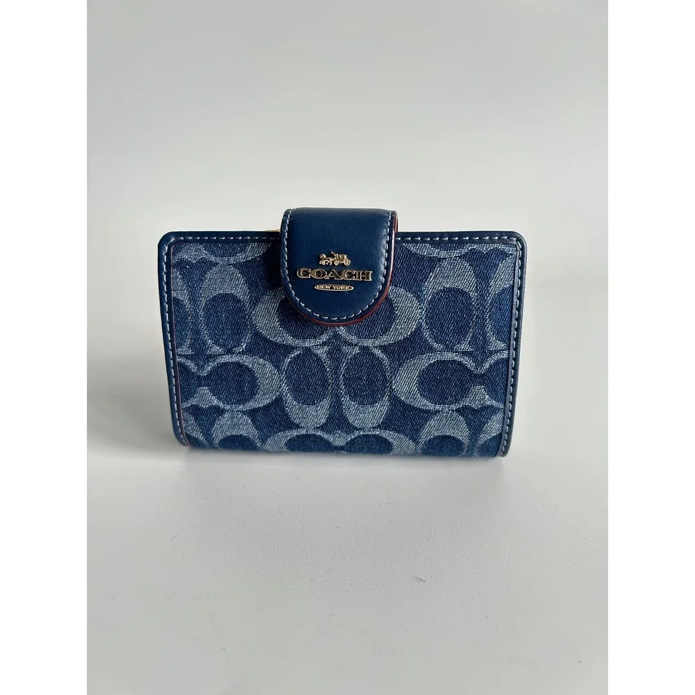 Coach Medium Corner Zip Wallet Navy Blue Signature Chambray Leather Excellent